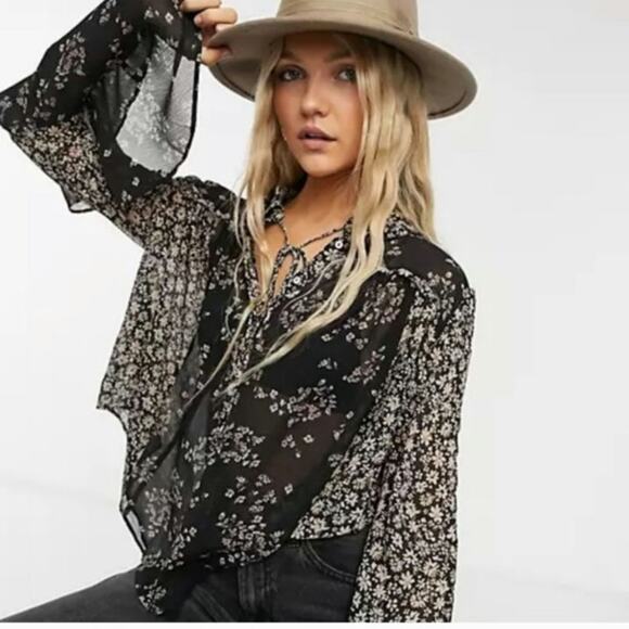 Free People Tops - Free People Serena Black Printed Blouse Western Gothic Whimsygoth Top Size Md